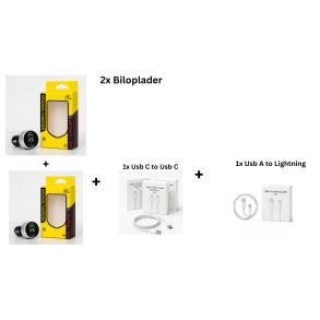 Biloplader 2x Pakke  USB-C + USB-A Hurtigopladning med Kabler