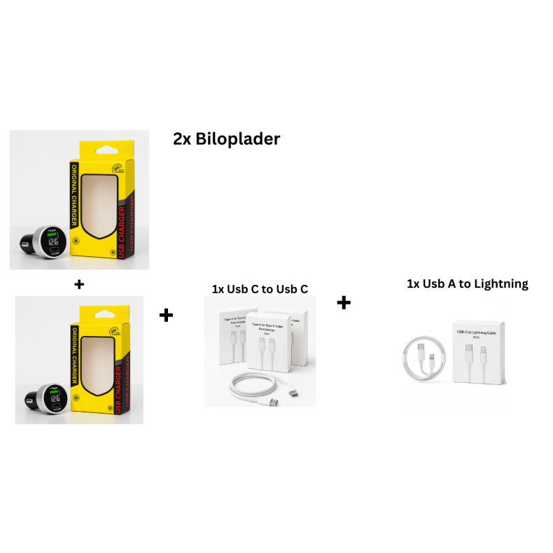 Biloplader 2x Pakke  USB-C + USB-A Hurtigopladning med Kabler