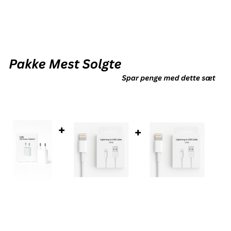 Pakke: 1x iPhone 5W USB-A Oplader + 2x USB-A til Lightning Kabler  Klassisk Hurtigopladning