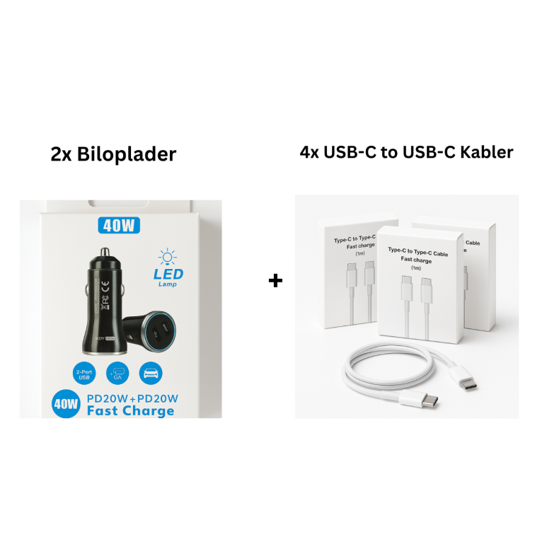 Family Pack  2x 40W Biloplader + 4x USB-C Kabler