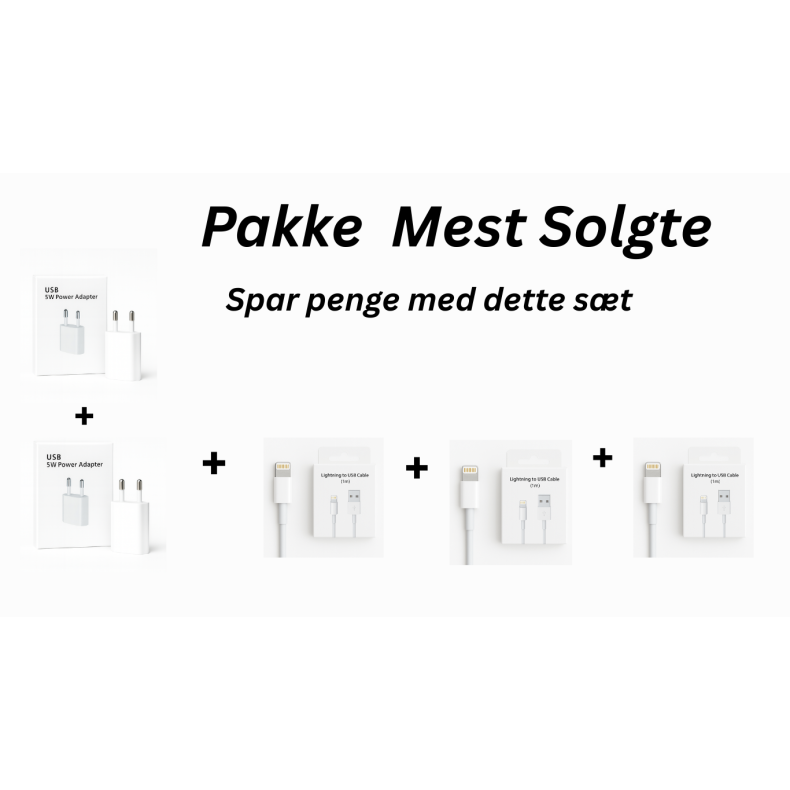 Pakke: 2x iPhone 5W USB-A Opladere + 3x USB-A til Lightning Kabler  Perfekt til Familie &amp; Kontor